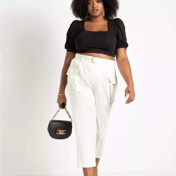 Eloquii puff sleeve black crop top, square neck, lace up back, size 22/24, NEW - Picture 2 of 4